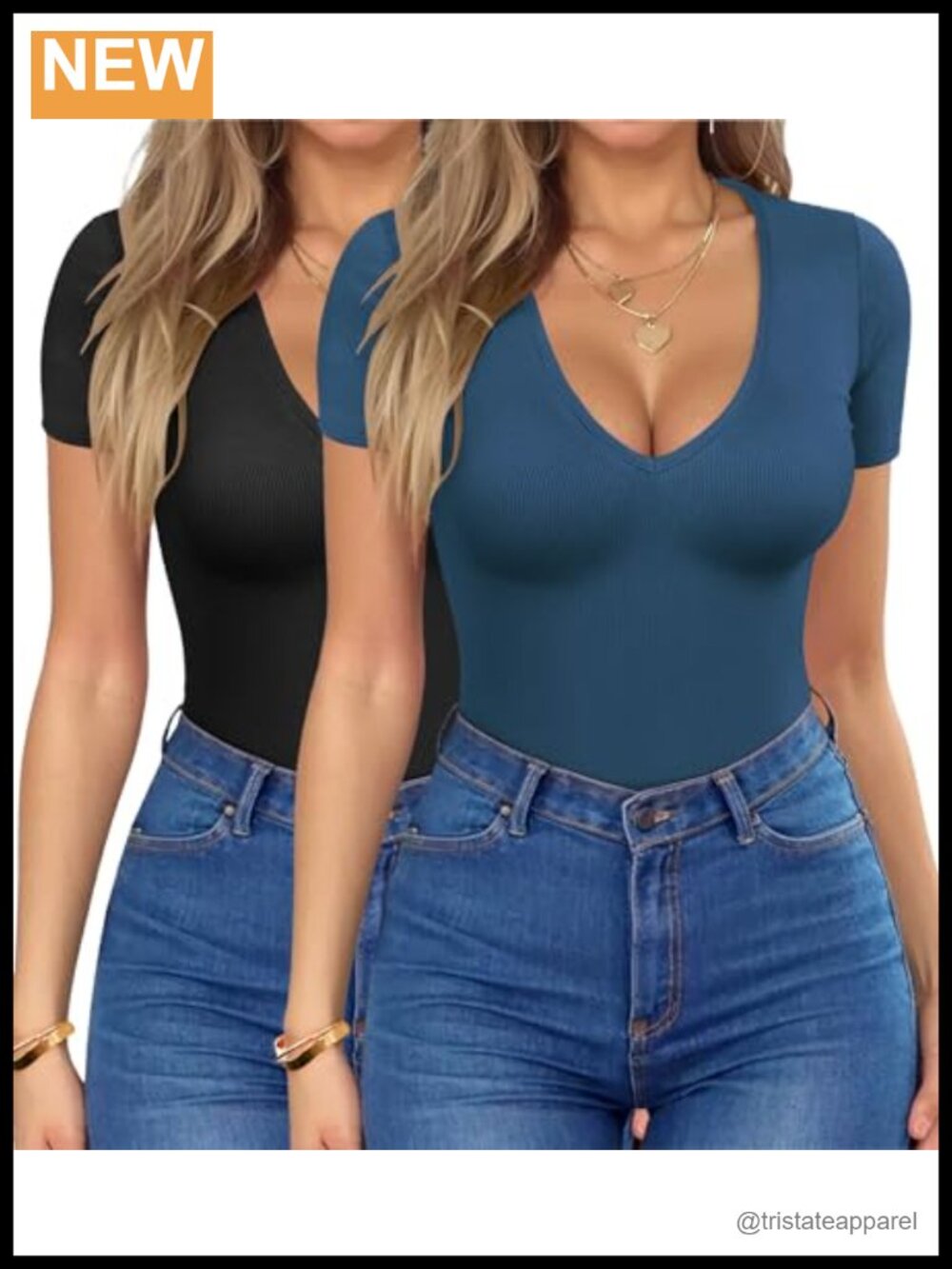 Deep V Neck Short Sleeve Slim Fit Ribbed T-Shirt - Women's Summer Casual Tee